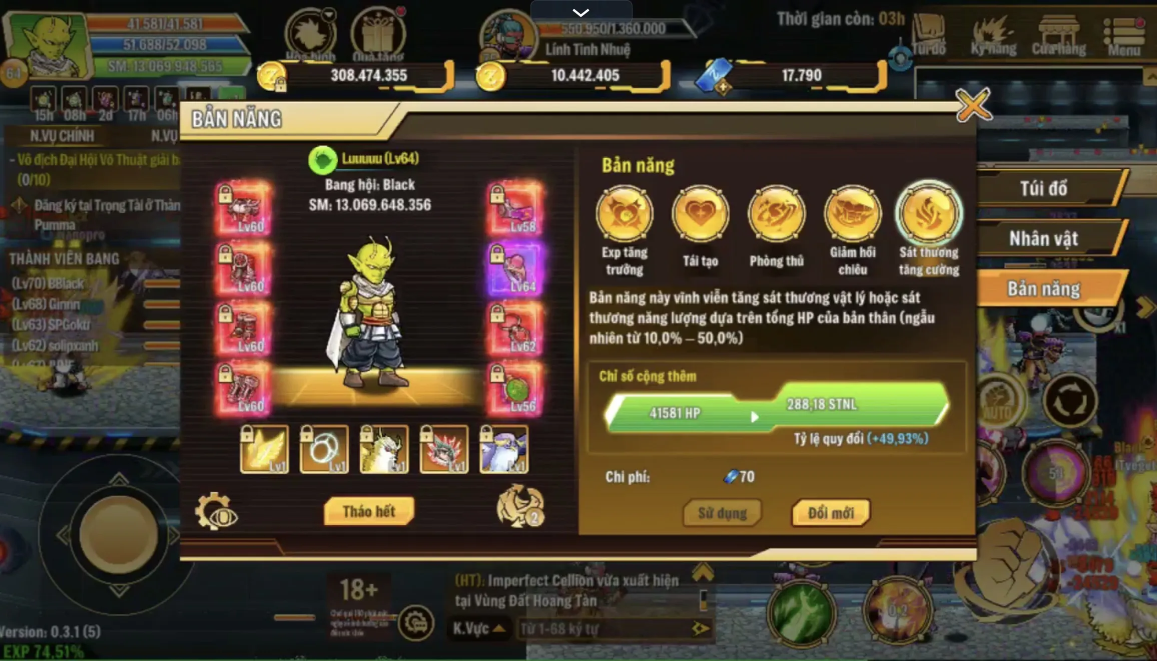Namek siêu khủng dư 17k5 zgame đầy đủ đồ chơi chim cú full lv65 ưu tiên 1slot pt Black khi sở hữu em này như hình